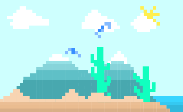 Pixelated day scene with a landscape of mountains, ocean, cacti, birds, sun and clouds