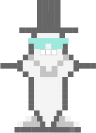 Pixelated grey bot with top hat, shades, shoes and a chain necklace