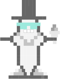 Pixelated grey bot with top hat, shades, shoes, a chain necklace and an ice cream