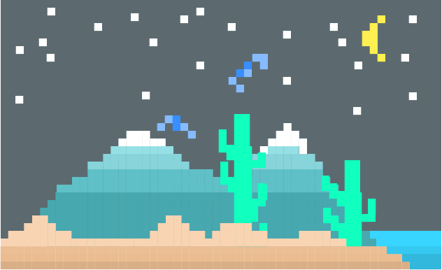 Pixelated night scene with a landscape of mountains, ocean, cacti, birds, stars and moon